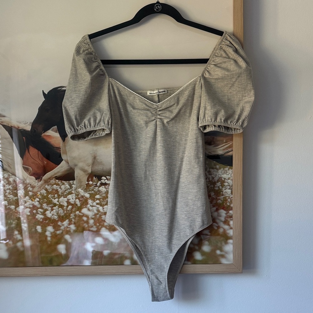 Reformation Gray Puff Sleeve Bodysuit